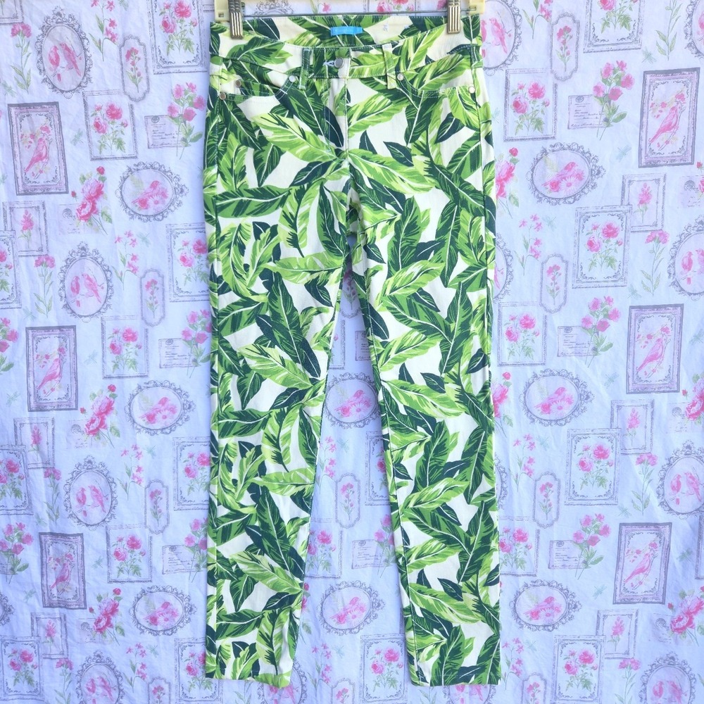 J McLaughlin Pants Womens Size 0‎ Green Floral Leaves Stretch Straight Leg